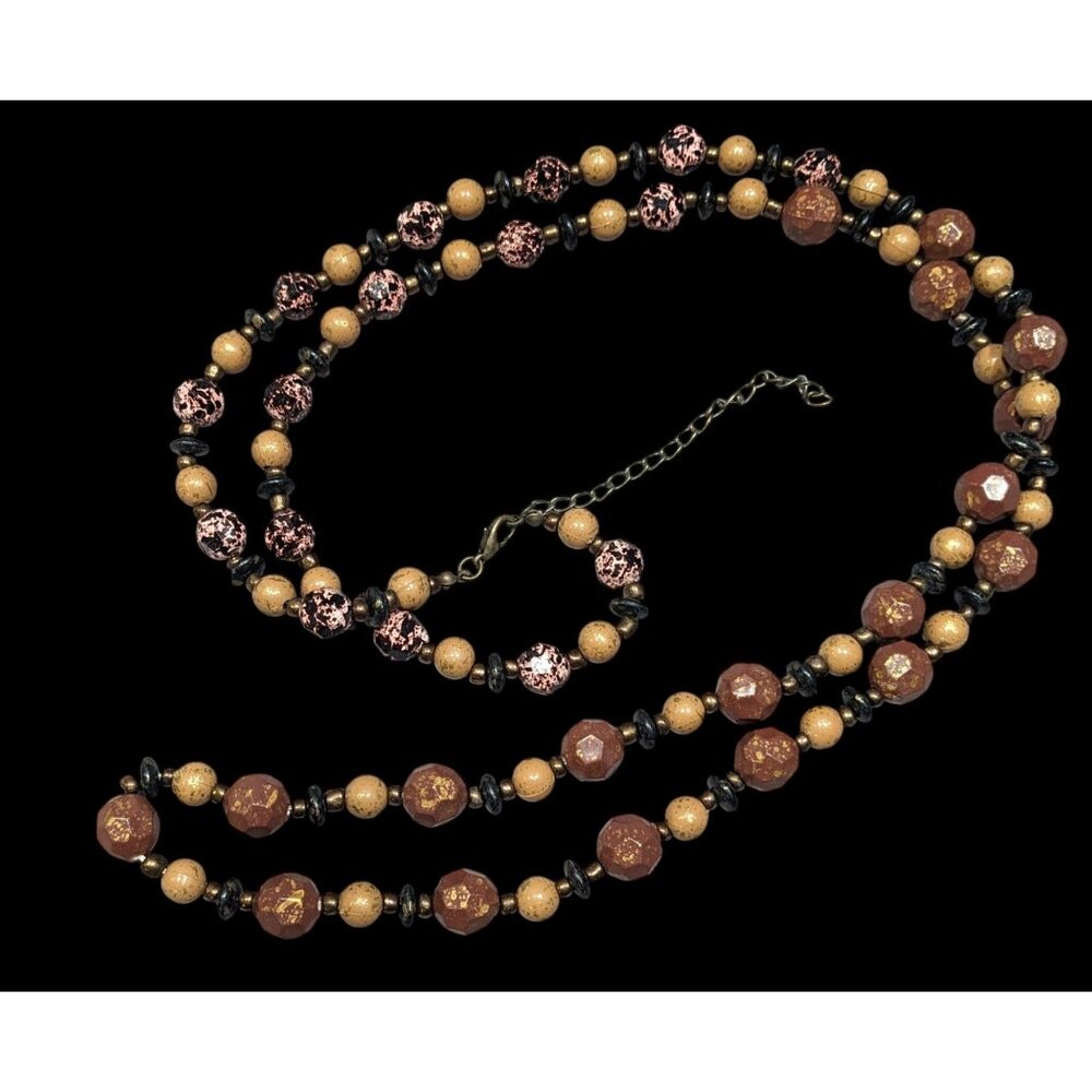 Earthy Black Pink Brown And Gold Tone Speckled Beaded Necklace
